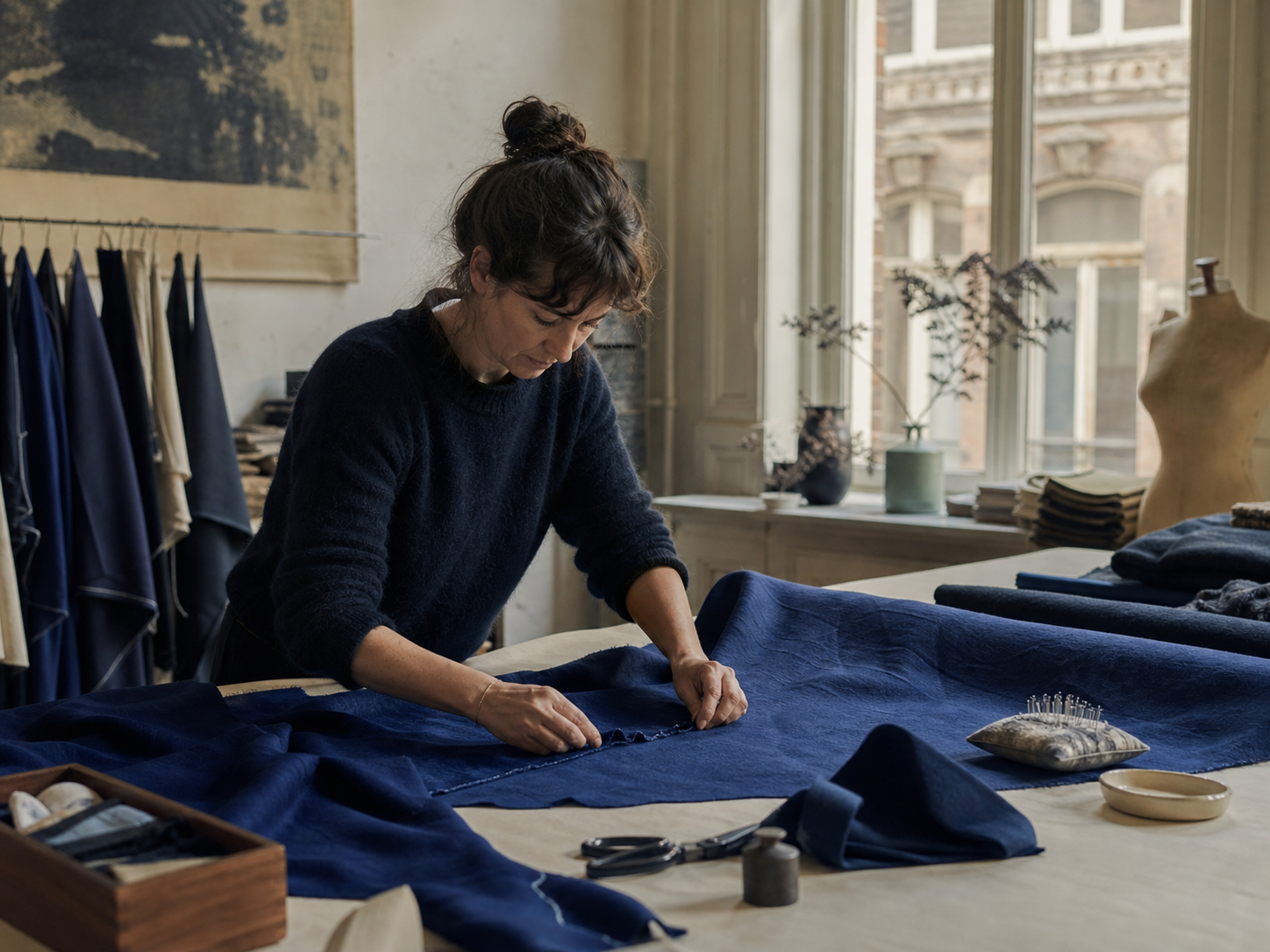 Artisane textile travaillant un tissu bleu